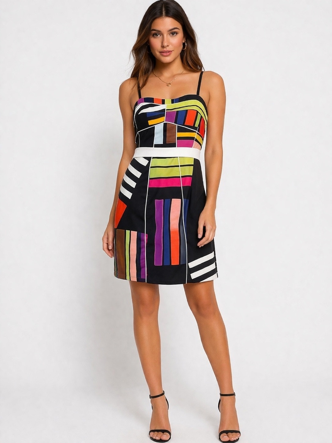 Black Halo Colorblock Patchwork Strap Mini Dress Cotton Blend Size S Fitted